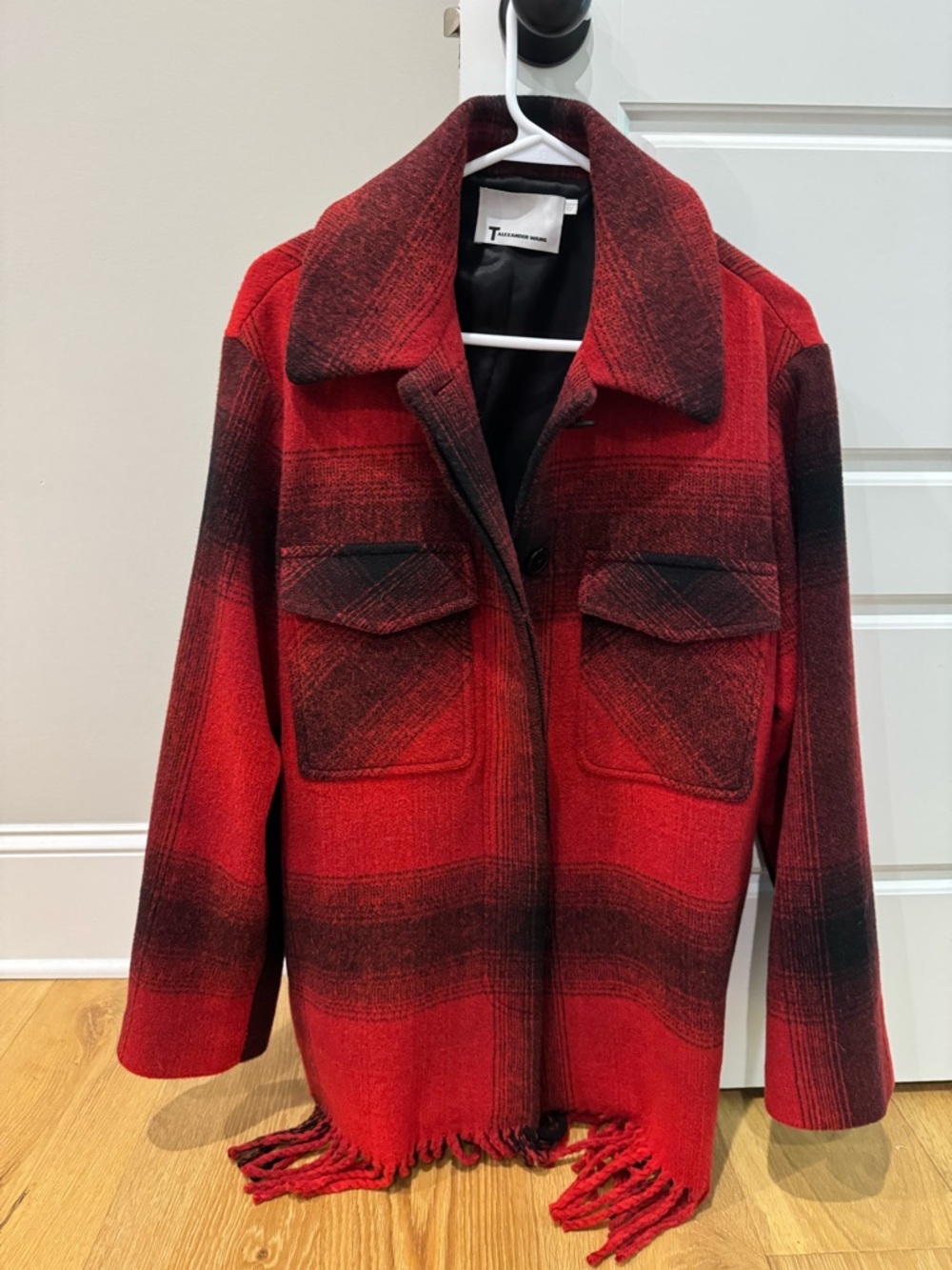 Alexander Wang Red Plaid Fringe-Hem Wool Pea Coat